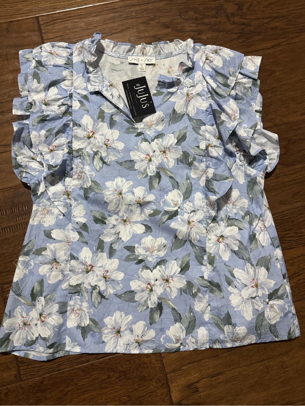 She + Sky Light Blue Floral Ruffle Sleeve Blouse